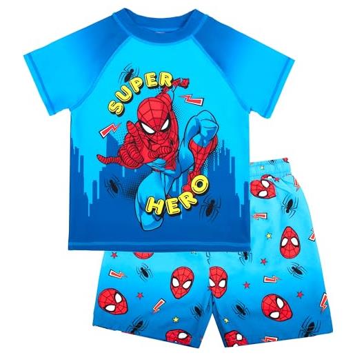 Marvel spiderman, set da nuoto per ragazzi, 2 pezzi, pantaloncini da bagno e maglietta, protezione dai raggi uv, costume da bagno per ragazzi dai 2 ai 6 anni, blu, 4-5 anni