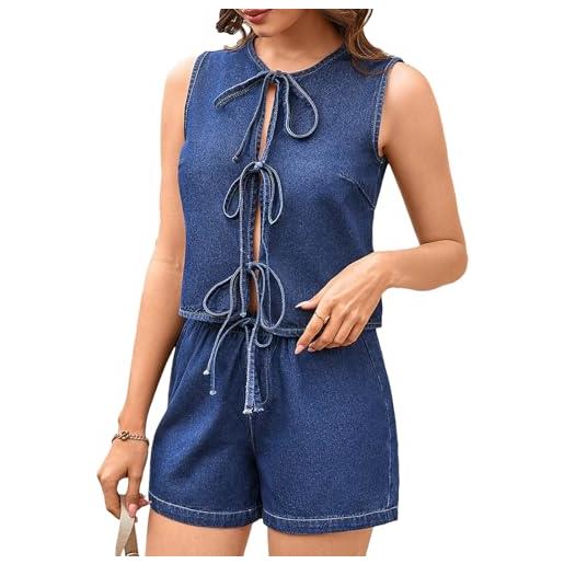 amropi 2 pezzi completi in denim da donna estate gilet senza maniche canotta con lacci frontale e pantaloncini di jeans set blu scuro, s