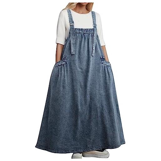 Vhersily salopette da donna vintage classica con bretelle, maxi gonne in denim lavato gonna lunga bretelle denim allentato retrò abito lungo plissettato