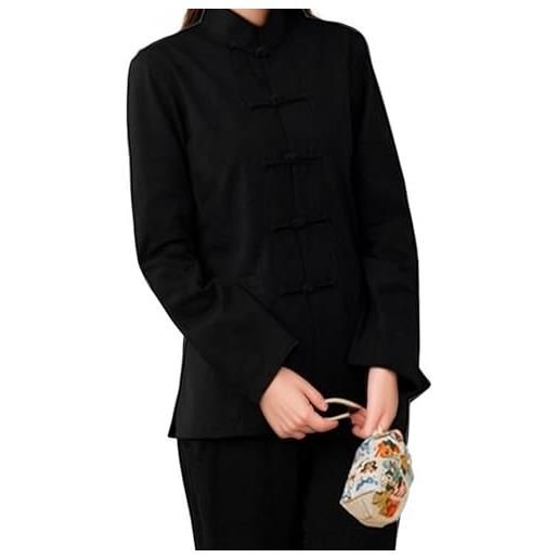 Lazutom camicia da donna in lino a maniche lunghe arti marziali cinesi kung fu tai chi tang, blu, m