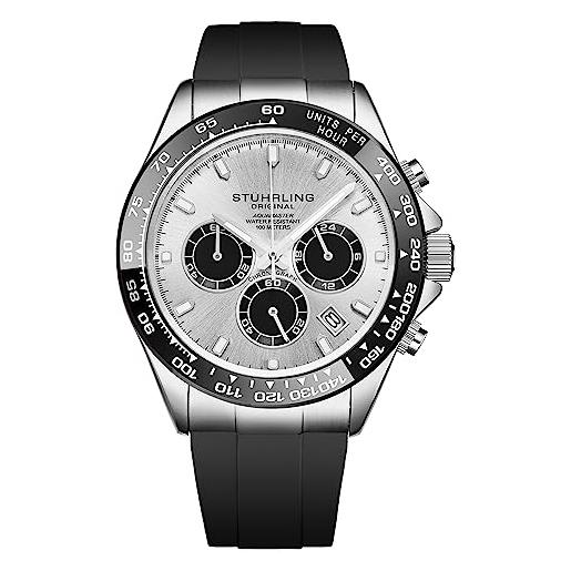 Stührling cronografo al quarzo aquamaster, quadrante argentato, corona a vite, lancette luminose, lunetta in ceramica, cinturino in gomma nera da uomo, cassa da 42 mm, data, resistente all'acqua