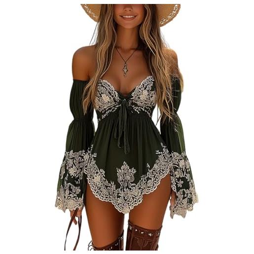 ORANDESIGNE vestiti da cowgirl da donna abito corto con scollo a v profondo boho chic mini abito a maniche lunghe estivo sexy c nero m