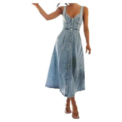 Generisch abito da donna vintage in jeans midi con spalline sottili, abbottonatura anteriore, per una primavera, estate, lunghezza al ginocchio, streetware, retrò, in jeans, per il tempo libero, blu, 