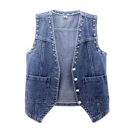 ZISTRCBAO gilet di jeans da donna - gilet ampio taglie forti giacca senza maniche vintage casual gilet di jeans da cowboy, gilet di jeans con perline da donna, blu, 3xl