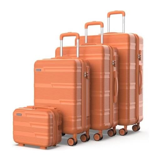 NUMADA - set valigie rigide 4pezzi upfly t10 abs. Trolley bagaglio a mano 55x40x20, maligia media 66x44x26 (18kg), valigia grande 76x50x29 (25kg) e beauty case da viaggio. Resistente e sicuro|arancia