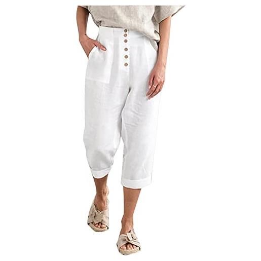 Generic pantaloni capri da donna larghi in cotone vestibilità comoda pantaloni a gamba larga leggeri da donna elastico in vita corta capri gamba larga tinta unita casual tinta unita con tasche, bianco, s