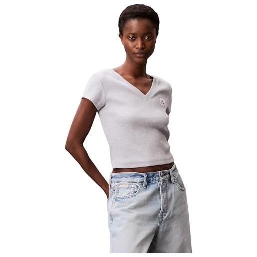 Calvin Klein donna t-shirt maniche corte woven label rib tee con scollo a v, grigio (bc06 grey heather), xs