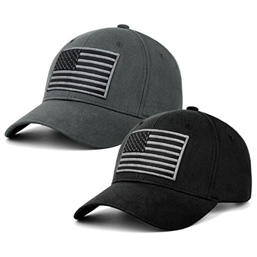 LCZTN confezione da 2 cappelli da baseball con bandiera americana per uomini e donne, cappello da papà a basso profilo usa, nero e grigio, taglia unica