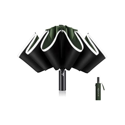 XIXVON ombrello pro (10 bacchette, verde) | 99% protezione uv upf 50+, striscia di sicurezza riflettente, resistenza antivento, portatile, automatico | ombrello inverso