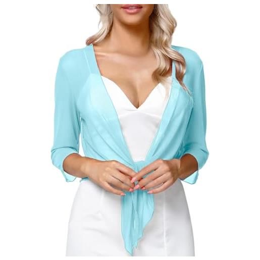 KGPBETJY giacca donna elegante, coprispalle da donna bolero giacca manica a 3/4 arricciato annodato estivo aperto davanti cardigan top annodato elegante copricostume da spiaggia per abito sera matrimonio azzu