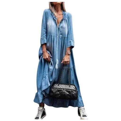 JiaWell - vestito estivo in denim boho da donna, casual, largo, con scollo a v, maniche lunghe, tinta unita, gonna a pieghe, abito lungo in denim a trapezio, tunica, camicetta, abito(m)