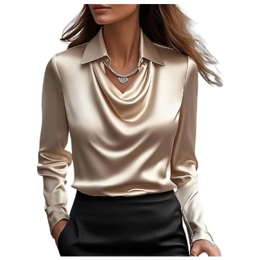 Goolecrimp moda delle donne elegante beige morbido raso cowl collo top business casual elasticizzato formale ufficio insegnante manica lunga camicia da lavoro (champagne, s)