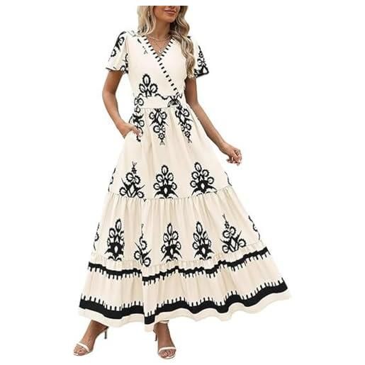 ticticlily vestiti lunghi donna eleganti casuale estivi vestito manica corta scollo v vita alta elastica boho stampa abiti da spiaggia casuale abito a line swing maxi dress a beige s