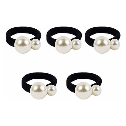 SHTGOI 5 elastici per capelli in cotone, con una grande e una piccola perla, semplice supporto per coda di cavallo, per donne e ragazze