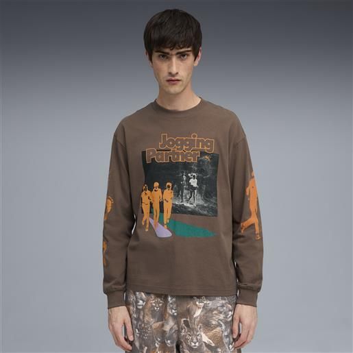 PUMA top a maniche lunghe graphic jogging partner da uomo, abbigliamento, marrone, s