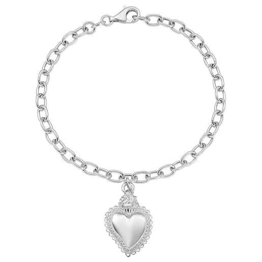 Damiano Argenti Bracciale Rosario Con Sacro Cuore In Argento 925 Rodiato E Zirconi Neri, Made In Italy, 21 Cm