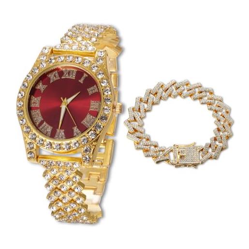 HALUKAKAH orologio diamanti iced out per ragazzi adolescenti - placcato oro 18 carati, quadrante rosso 36mm, lunghezza 20cm, con catena cubane 18cm e strumento di regolazione - scatola regalo dorata