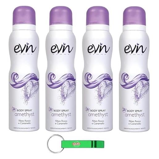 Beni Culinari 4 x evin femme | deodorante da donna spray ametista, profumo di ribes rosso e caramello, formula attiva 24 ore, dermatologicamente testato, 150 ml + portachiavi Beni Culinari