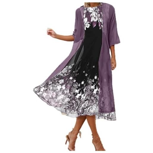 ThiCc abito midi da donna in chiffon floreale con giacca, elegante set di due pezzi, abito estivo per matrimonio con cardigan lungo, linea ad a, maniche a 3/4, casual, vacanze, feste, cocktail, viola, xl