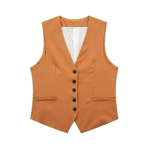 Generisch gilet da donna elegante, senza maniche, in lino, da donna, corto, in cotone, con scollo a v, con bottoni, da donna, estivo, in tinta unita, per affari, blu marino, xs