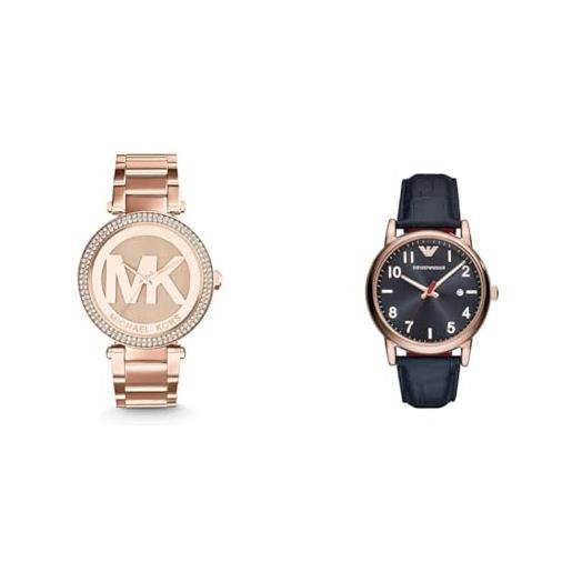Michael Kors orologio parker da donna, movimento a tre lancette, cassa in acciaio inossidabile oro & emporio armani orologio da uomo, movimento a due lancette con data