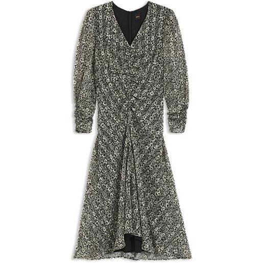 BOSS vestito midi in seersucker stampato con dettagli arricciati, grigio a motivi