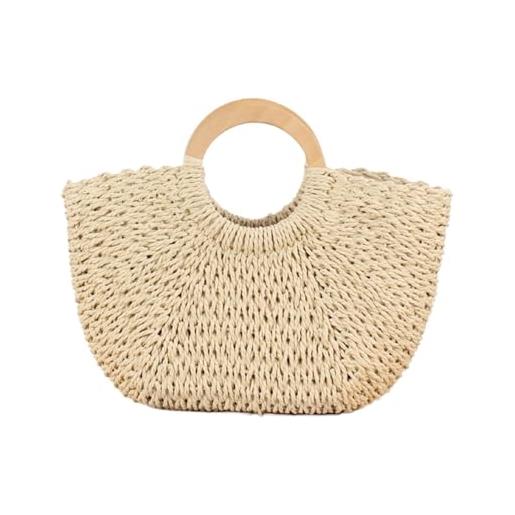 YANROSE borse di paglia for le donne con manico in legno, borsa da spiaggia semplice fatta a mano e intrecciata, grande(beige)