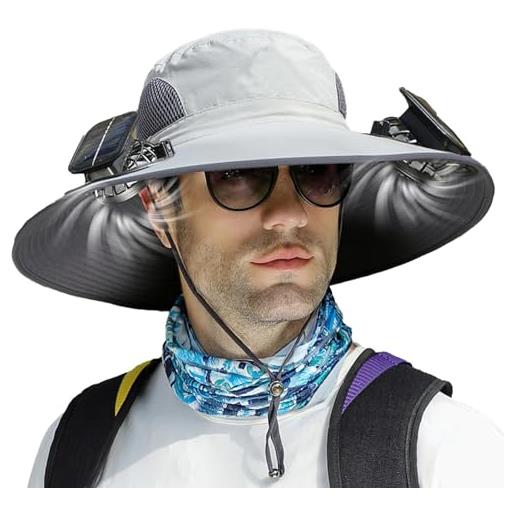 Generic cappello da sole a tesa larga con ventilatore solare, cappello rinfrescante con ventilatore, tesa larga, protezione dai raggi uv estivi, ricarica solare e usb, upf50+, cappello da pescatore