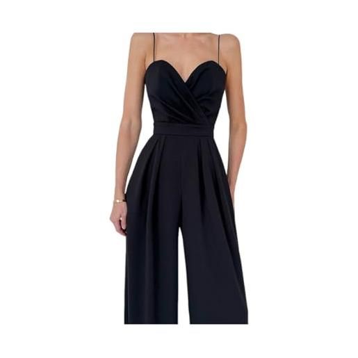 Generic tuta dritta snellente in tinta unita da donna, tute a gamba dritta con vita alta e plissettatura, scollo a v (black, l)