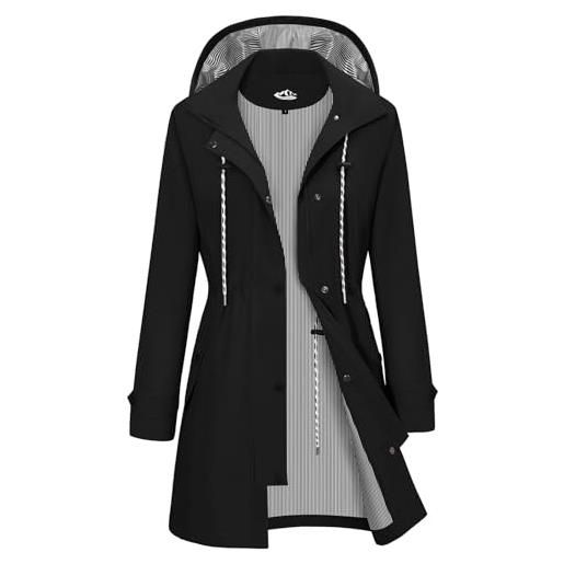 CMTOP giacca impermeabile donna cappuccio antivento trench traspirante leggero parka, lungo all'aperto cappotto per primavera e autunnale ripiegabili softshell raincoat(blu navy, l)