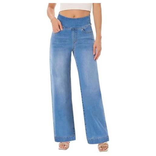 UCOOLYN jeans donna vita alta, larghi gamba larga baggy wide leg dritti controllo pancia elasticizzati alla moda con tasche, blu scuro