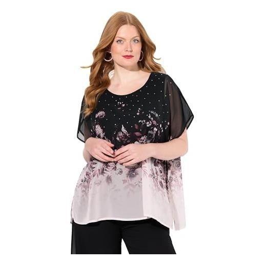 Ulla Popken blusa di chiffon a doppio strato con fiori, scollo rotondo e mezze maniche nero 46+ 831611100-46+