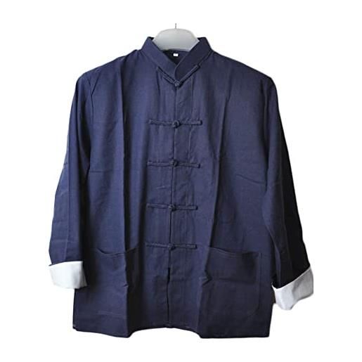 CORETIC camicia da uomo in cotone e lino kung fu cinese tradizionale tang vestito tai chi camicetta manica lunga giacca cappotti, grigio e blu, xx-large
