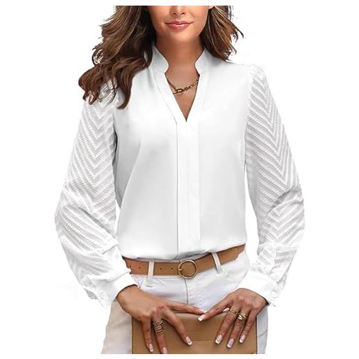 Oheyeseker camicette da donna con collo a v e manica lunga chiffon flowy dressy tops casual sheer pleated business shirt (rosa, medium)