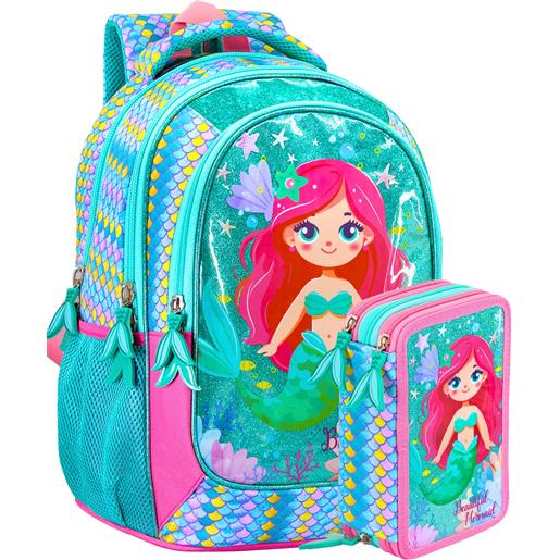 Set Zaino A Rotelle Sirena Per Ragazze Con Paillettes, 3 Pezzi: Zaino + Borsa Pranzo + Astuccio, Impermeabile, 45x30x16 Cm