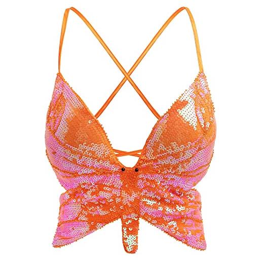 atokiss donne sparkle dall'interno della farfalla paillettes canotta con cinturino spaghetti crop top aderente senza maniche tubo top gilet, arancione, taglia unica