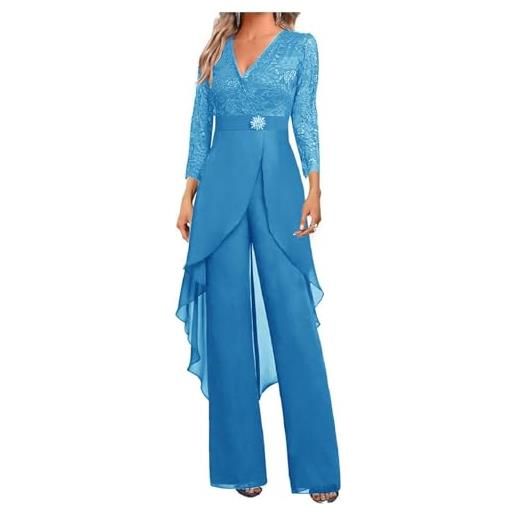 Botong madre della sposa pantaloni suit set 2 pc chiffon & pizzo abito ospite di nozze ith strass 3/4 maniche, blu acciaio, 12