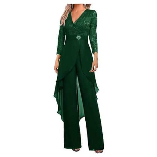 Botong - set di pantaloni da sposa per madre della sposa, 2 pezzi, in chiffon e pizzo, con strass, a maniche 3/4, per invitata al matrimonio, foglia di t, 18