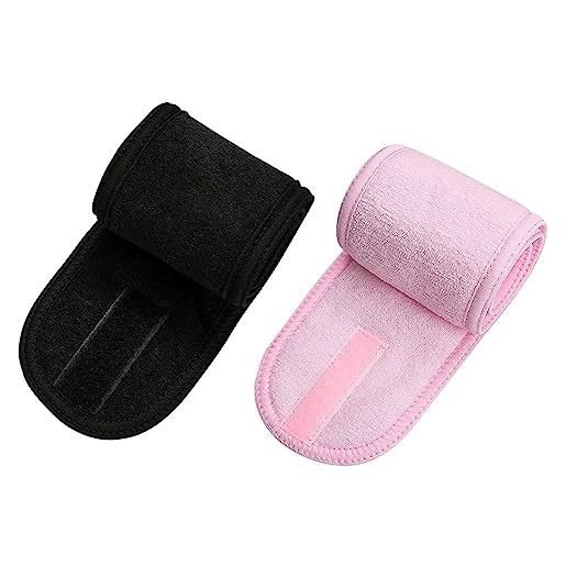 SWYSGS 2 pezzi fascia skincare microfibra capelli regolabili con magic tape, fascia spugna makeup per viso e doccia, fascia capelli donna trucco spa per doccia yoga sport-nero，rosa