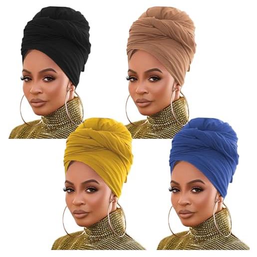 Pesonlook jersey elasticizzato turbante avvolgente per la testa in maglia fasce per capelli sciarpa per capelli urbana tinta unita ultra morbida extra lunga fascia per la testa (nero/cammello/curcuma/blu)