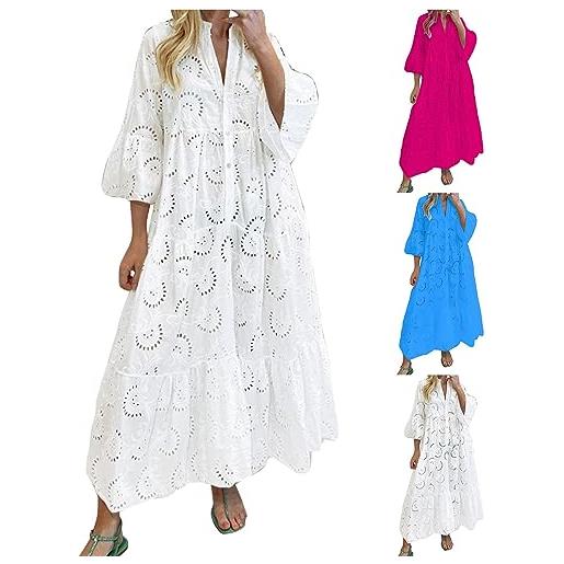 Generic abito in lino da donna, elegante, estivo, lungo, estivo, con bottoni, leggero, traspirante, alla moda, abito vuoto, maxi abito in lino, a maniche lunghe, a01-bianco. , m