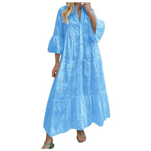 Generic abito in lino da donna, elegante, estivo, lungo, estivo, con bottoni, leggero, traspirante, alla moda, abito vuoto, maxi abito in lino, a maniche lunghe, blu, xl