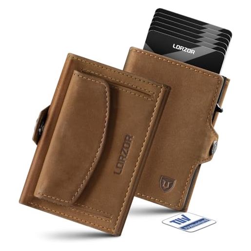 LORZOR portafoglio uomo slim con portamonete xxl, portacarte uomo in pelle, porta carte di credito con protezione rfid, porta tessere tascabile, wallet pop-up per 10 carte, con scomparto per contanti