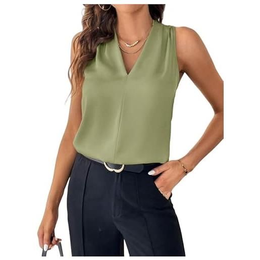LIUYUYOUGO maglia donna elegante canottiera da donna in raso di seta con scollo a v casual senza maniche elegante arricciata estiva tunica elegante da lavoro tinta unita maglietta da ufficio gilet v
