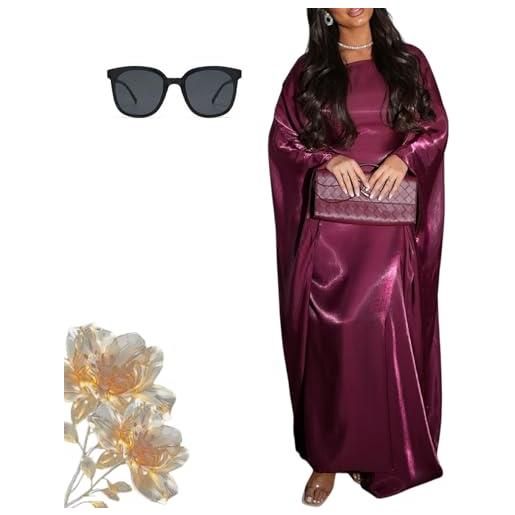 Generisch abito a farfalla abaya da donna con cintura interna, tinta unita in raso, con coulisse, maniche a pipistrello in raso tinta unita, viola rossastro, taglia unica
