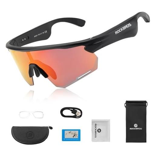 ROCKBROS occhiali intelligenti bluetooth bici, occhiali da sole con apparecchi acustici con lenti polarizzate smart glasses uv400 open ear uomo donna, per bicicletta corsa guidare, rosso
