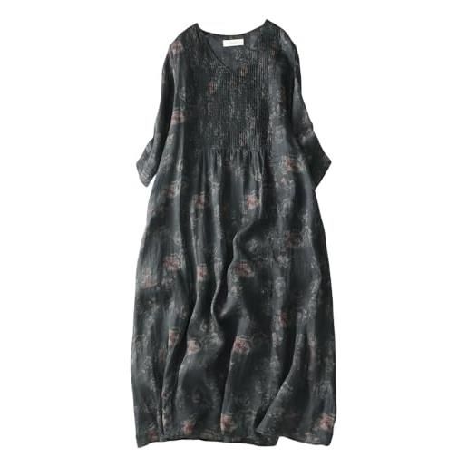 XXGJOALD abito midi da donna in cotone e lino con scollo a v, maniche a 3/4, stampa floreale bohémien, linea ad a, con parte anteriore plissettata, estivo, leggero e traspirante, blu navy, taglia m