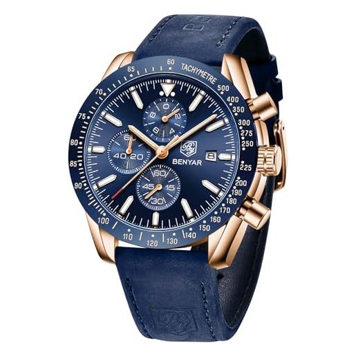 BENYAR orologio uomo analogico al quarzo cronografo impermeabile luminoso data orologio da polso cinturino in pelle moda sportivo affari orologi elegante regalo per uomo
