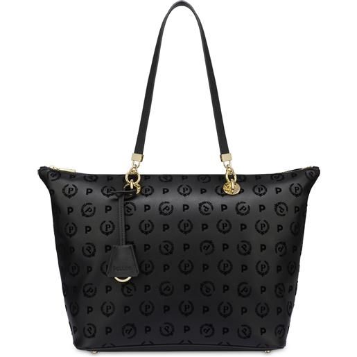 POLLINI shopping bag con manici intercambiabili heritage flock - nero