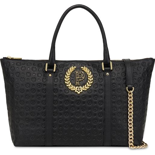 POLLINI shopping bag heritage logo embossed - nero